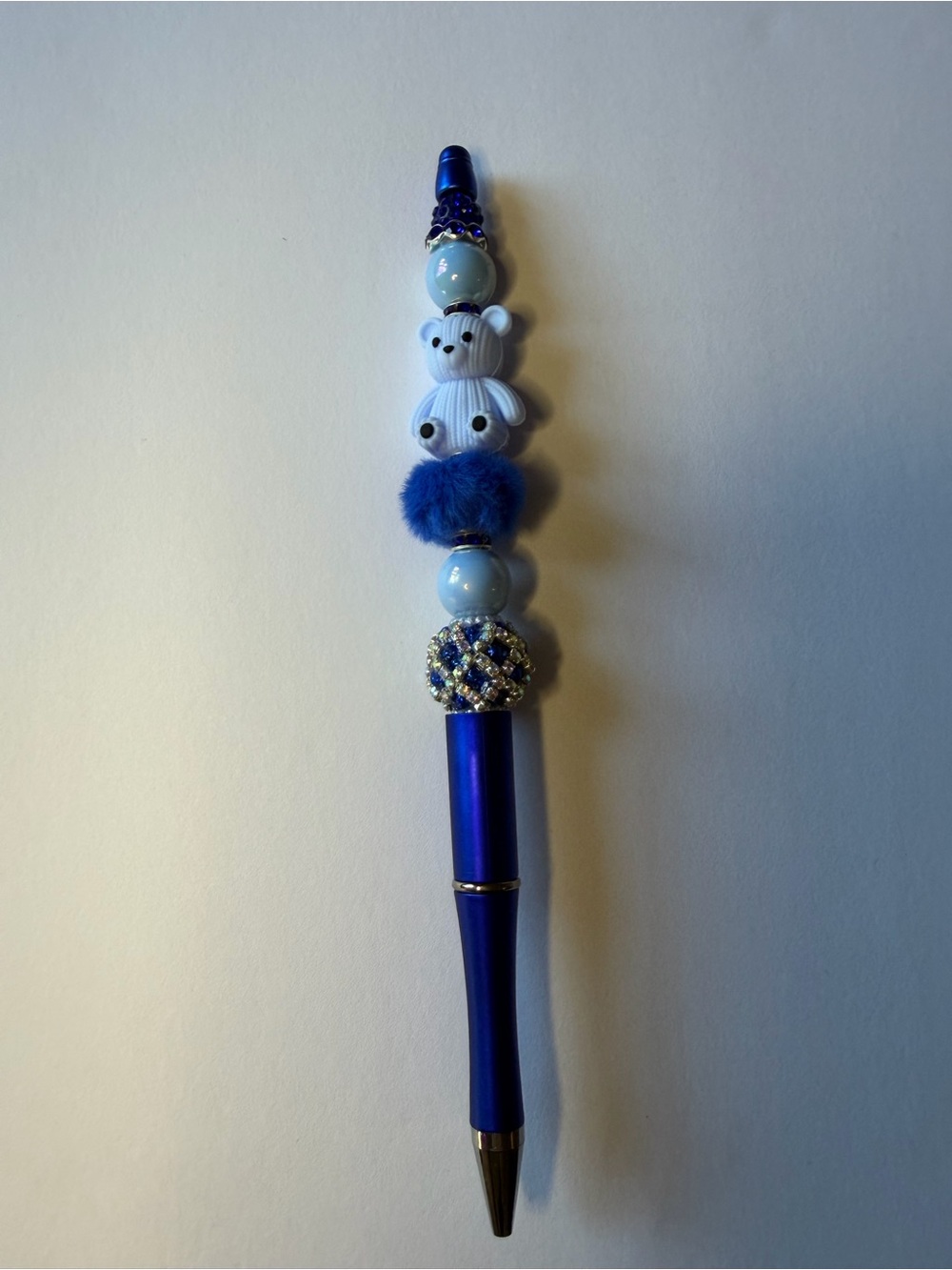 Blue Teddy Bead Pen with Pom Pom Accent